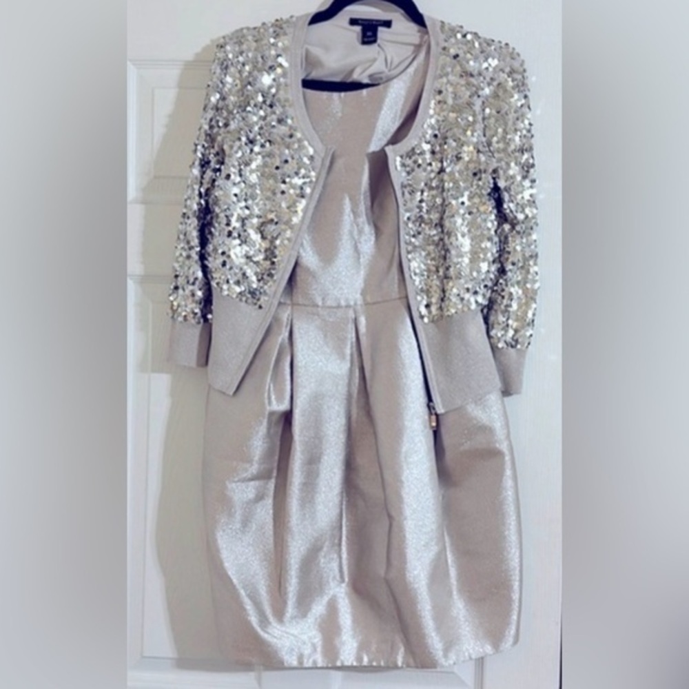 Silver Sequin Jacket & Shimmer Dress Set metallic cardigan midi dress